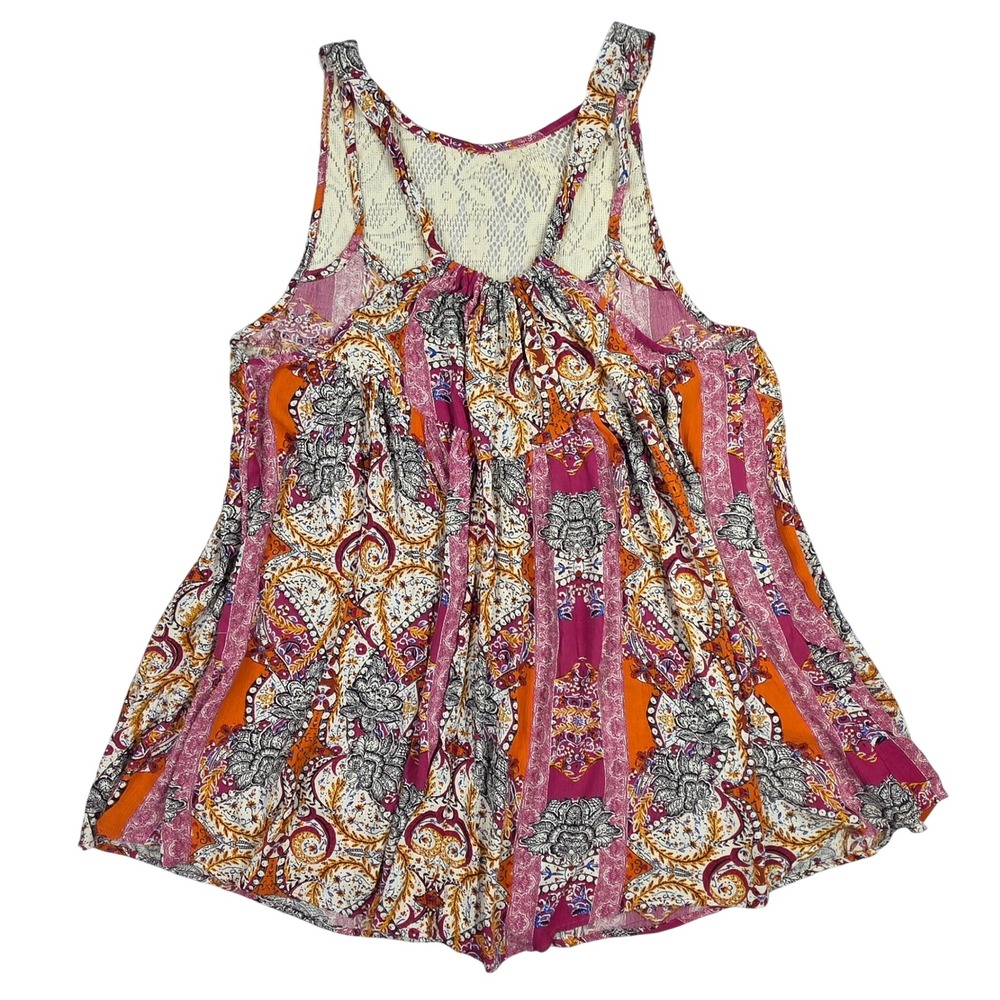 Boho Paisley Lace Racerback Sleeveless Trapeze Top Pink Orange White